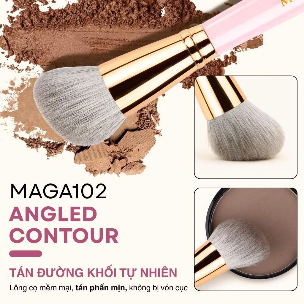 Cọ trang điểm tán phấn má hoặc tạo khối MAGA Angled Contour MAGA102 màu hồng chất cọ mềm mịn không đau rát khi dùng