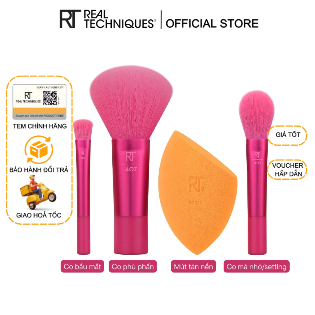 Bộ 3 cọ kèm 1 mút RT Real Techniques Limited Edition Mini Holidaze Brush + Sponge Kit mã loại 0108