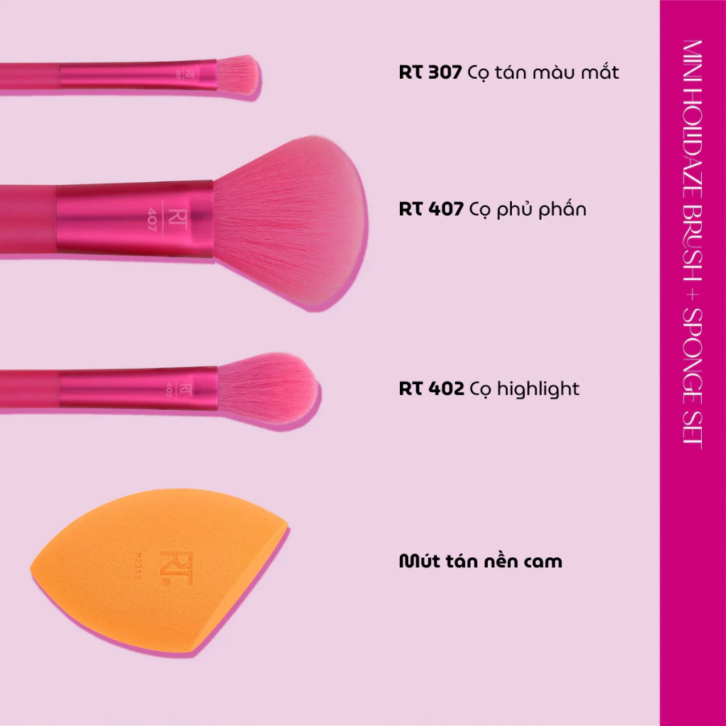 Bộ 3 cọ kèm 1 mút RT Real Techniques Limited Edition Mini Holidaze Brush + Sponge Kit mã loại 0108