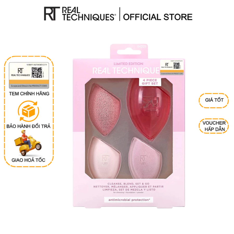 Set 3 mút và hộp bảo vệ RT Real Techniques Cleanse Blend Set And Go mã loại 04203